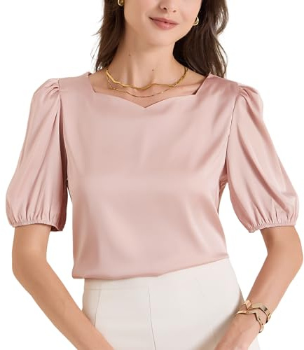 Allegra K Donna Elegante Camicetta da Ufficio in Raso con Scollo A Cuore E Maniche Corte