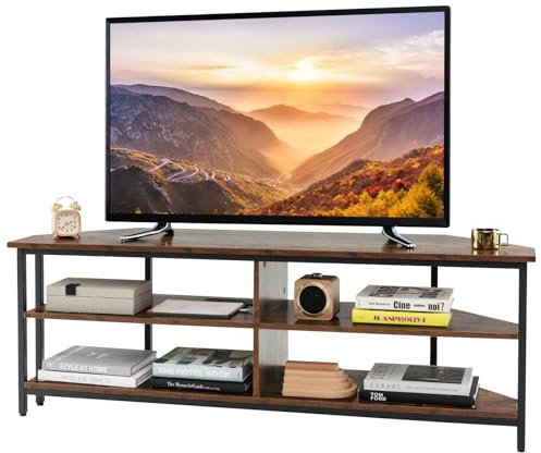 COSTWAY Mobile Porta TV ad Angolo Fino a 65, Tavolo Console TV con Prese AC, Porte USB, Telaio in Metallo e Ripiani di Stoccaggio, Mobiletto per TV da Soggiorno (Industriale)