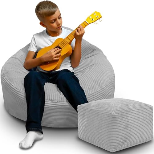 DreamRoots Sitzsack Erwachsene Cord oder Kinder - Bean Bag Sofa - Sitzsack Cord mit Hocker und Bezug - Sitzsäcke mit Füllung 70x70x70 cm Cool Gray