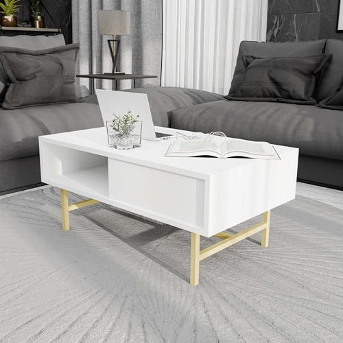 Modern White Coffee Table, 90 x 54 x 39.6 cm | 100% Melamine Coated Chipboard & Metal | Stylish Design for Living Room & Home Decor
