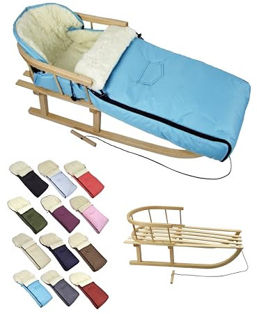 BambiniWelt Holzschlitten mit Rückenlehne & Zugseil + Winterfußsack 108 cm – warme Lammwolle, wasserabweisend – Kombi-Set für Kinderwagen & Buggy, Farbe: türkis