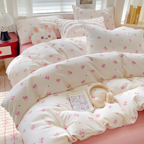 Covebett Bettwäsche 200x220 Weiß mit Rosa Schleifen Muster Kawaii Bettbezug Set Aesthetic Rosa Schleifenmuster Weich Renforcé Microfaser Deckenbezug mit Reißverschluss und 2 Kissenbezug 80x80cm
