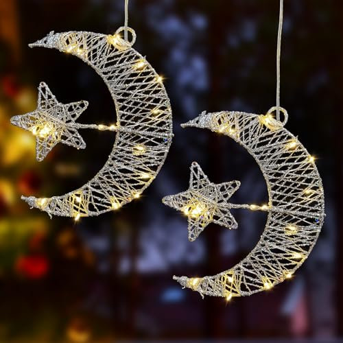 Oneshlee Moon Lamp, Iron Ramadan Decorative LED Star Moon Lamp, Battery Operated, Silver, 2 Pack