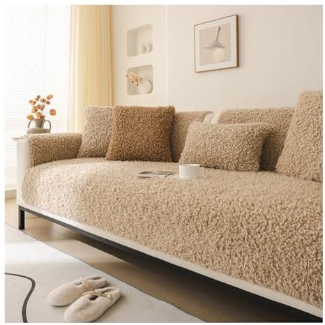 HonunGron Teddy Plüsch Sofa überzug, Waschbar, rutschfest, Weich, Warm, Sofa überzug Ecksofa, L-Form, 1/2/3/4 Sitzer, Couchschoner, Dicker Möbelschutz für Kinder, Haustiere (Khaki,70 * 210cm)