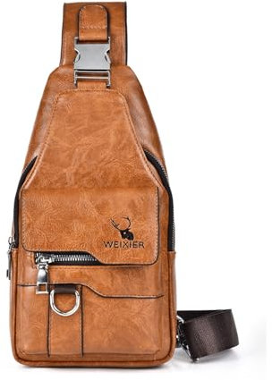 Aucuu Sling Bag Leder Brusttasche, Anti-Diebstahl Brusttasche Kleine Schultertasche,Herren Rucksack mit USB Kabel, Vintage Crossbody Umhängetasche für Casual Outdoor Wandern Reisen