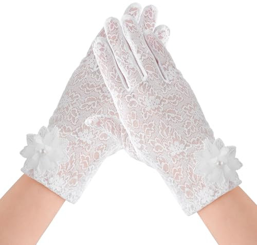 HaiFafafaing Spitze Handschuhe Weiß Blumen Spitze Handschuhe Kurze Spitzenhandschuhe für Teeparty Halloween Damen Kurze Spitzenhandschuhes für Hochzeit Opernessen Halloween(Weiß)