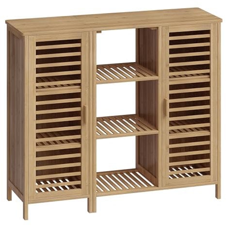 Bellamio Badschrank Newa mit 9 Fächern, Badezimmerschrank schmal mit 2 Türen, Aufbewahrungsschrank Badezimmermöbel aus Bambus lackiert, Standregal Bambus Regal Maße 100x87x33 cm