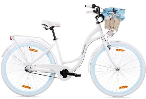 Goetze Style 28 Zoll Damen Citybike, 18 Zoll Aluminiumrahmen, Tiefeinsteiger, 3-Gang Nabenschaltung, Rücktrittbremse, LED-Beleuchtung, Gepäckträger, Komfortsattel, Rattankorb mit Stoffeinsatz!