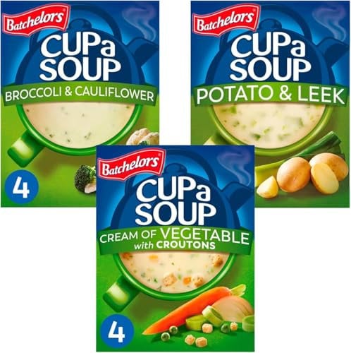 Cup Soup Bundle With Batchelors Cream of Vegetable with Croutons 120g, Broccoli & Cauliflower 101g and Potato & Leek 107g (3 Pack)