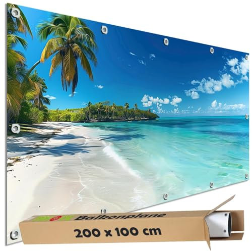 TRIOSK Sichtschutz Balkon Deko Plane Balkonblende Blickdicht mit Motiv Südseestrand Meer Palmen Strand für Garten Terrasse Gartenzaun Balkonverkleidung Blickschutz PVC groß 200x100 cm