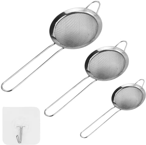 3 pezzi Setaccio da cucina, Cucina Scolapasta, Colino Filtro Maglia fine, 8/10/12 cm, colino 304, in acciaio inox a maglia fine, per quinoa, setaccio, verdura, frutta, tè, zucchero velo con 3 ganci