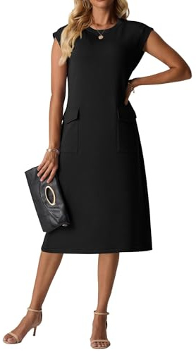 QIXING Womens Sleeveless Summer Knee Length Dress Round Neck Wrinkle-Free Midi Dress with Pocket (Black, L)