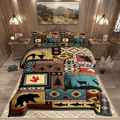 Rustikales Hütten-Bettwäsche-Set, Queen-Size-Größe, Lodge-Bär-Bettwäsche-Sets, Südwestliche Steppdecke, Elch, Hirsch, Landhaus, Tier, Wildtiere, Jagd, Braun, Patchwork, kariert, Steppdecke, 2