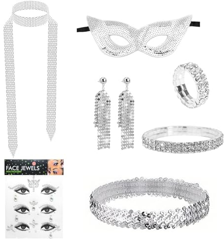 Pluvyze 7-Teiliges Set Glitzer Outfit Damen Disco Outfit Damen Glitzer Accessoires Dame Mit Haarband, Strasskrawatte, Augenmaske, Ohrringen, Armband, Ring,Leuchtenden 3-In-1-Strass-Gesichtsaufklebern