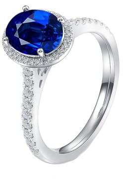 Wycian Verlobungsring Blau Damen Trauringe Weißgold Damen 9K Hergestellter Saphir Klassiker Größe 56 (17.8) Beliebt für Tante Geburtstag Personalisierbar
