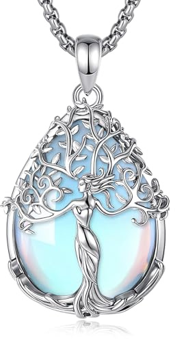CELESTIA Lebensbaum Kette mit Mondstein Obsidian Amethyst Anhänger Versilbert, Geschenke für Frauen Geburtstag, Weihnachten, Muttertag Schmuck für Mama, Schwester, Oma