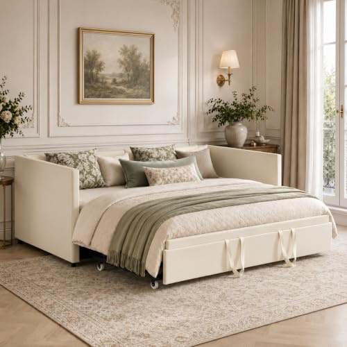 Ausziehbar Tagesbett 90/180x200cm,Schlafcouch Polsterbett mit Lattenrost | Gästebett Schlafsofa für Schlafzimmer Wohnzimmer,Ausziehbar zum Doppelbett,Multifunktionsbett für kleine Räume,Samt,Beige