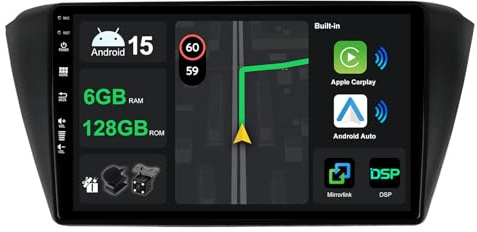9 [6G+128G] Android 15 Radio Coche para Skoda Fabia 2015-2021 con Carplay|Android Auto|DSP|Mirror Link-GPS Navi Navegador Radio con Bluetooth 5.0/WiFi/4G/FM/360 AHD Cámara