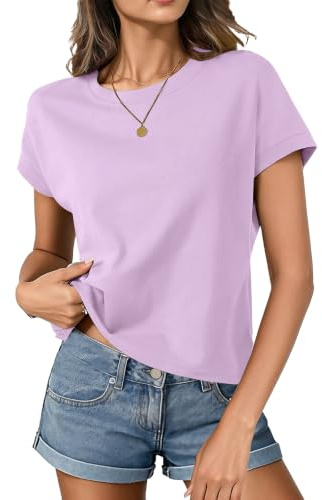 HOTIAN T-Shirt Damen Crop Tops Kurzarm Baumwolle Casual Basic Shirt Sommer Flügelärmeln Rundhals Top Damen Locker Purple M