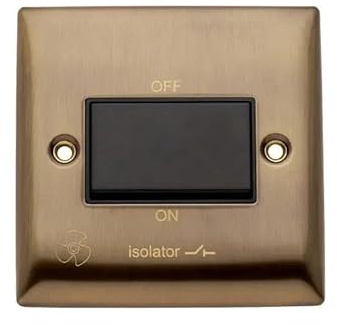Britelite Triple Pole Fan Isolator Switch, Antique Brass | Triple-pole isolation for extractor and ventilation fans; antique brass finish; with fixings included; wall mount mounting.