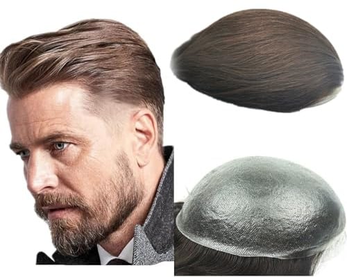 NLW Mens Toupee Human Hair toupee for men 0.04mm PU Skin Silicone toupee Hair prosthesis hair replacement system Gents hair piece Straight hair piece for man 10x8 base Men's wig #4 Light brown