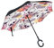 MNSRUU umgekehrte Regenschirme mit Totenkopf mit Blumen, doppellagig, faltbar, Winddicht, UV-Schutz, Winddicht, Reiseschirm für Damen und Herren