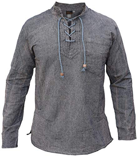 Gheri Mens Hemp Cotton Lace Up V Neck Grandad Shirt Stone Washed Grey Medium