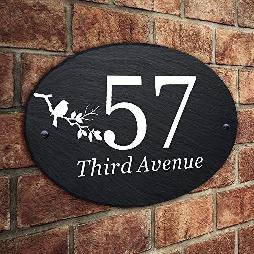 Natural Slate House Gate Sign Plaque Door Number Personalised Name UV Printed Hand Finished in UK(27x19cm OVAL)