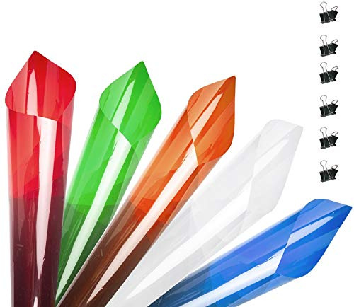 Gel Farbfilter - 40x50cm transparenter Farbfilm Kunststoffplatten,Korrektur-Gel-Lichtfilter für Fotostudio-Blitzlicht,LED-Videolicht,DJ-Licht usw 5pcs und 6 Clips