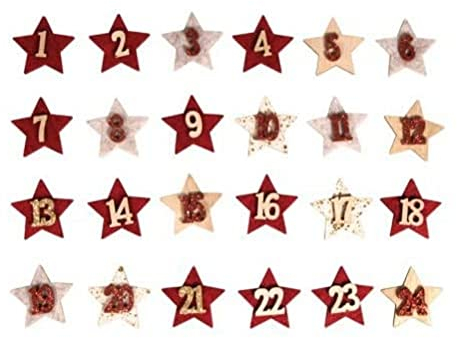 Rayher Adventskalenderzahlen 1-24, 4 cm ø, 24 Holz-/Filzsterne, mit Holzzahlen, mit Klebepunkt, Zahlen für Adventskalender, Zahlen 1-24, 46610999