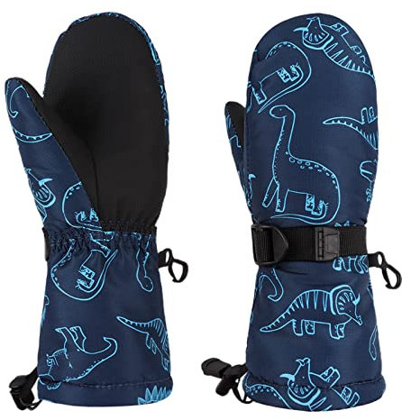 Pesaat Handschuhe Kinder Winter Jungen Wasserdicht Skihandschuhe Wärmende Fingerhandschuhe Mit Dinosaurier Fausthandschuhe(Bleu Dinosaure,4 à 6 Ans)