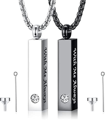 CASSIECA 2 Pcs Ashes Jewelry Urn Necklace for Ashes Men Women Black Silver Stainless Steel Bar Pendant Necklace Memorial Jewelry for Lost Love with Engraved Saying with Me Always