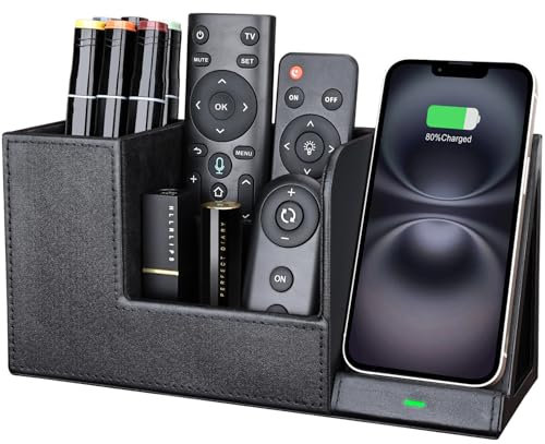 LADSTAG Stiftehalter Schreibtisch Organizer mit Induktive Ladestation, Leder Büro Organizer Schreibtisch 10W Kabelloses Ladegerät für iPhone 16 15 14 13 12 Pro Max Samsung Galaxy S24/S23/S22/S21/S20