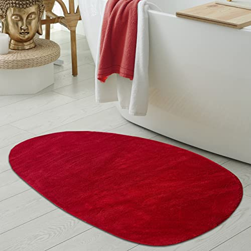Teppich-Traum Waschbare Badezimmer Duschvorleger-Teppiche • rutschfest & schön weich • in rot, 80x120 cm Oval
