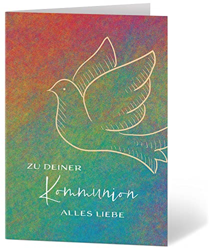 Einladungskarten Manufaktur Hamburg XXL Glückwunschkarte A4 zur Kommunion - große Karte mit Umschlag Kommunionskarte Grußkarte für Jungen und Mädchen Taube Edel Modern Bunt