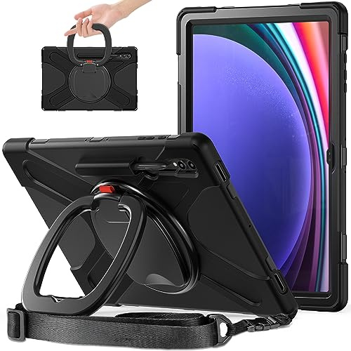 Schutzhülle für Samsung Galaxy Tab S9 Ultra 37,1 cm (14,6 Zoll), stabile Abdeckung, drehbarer Ringständer, Schultergurt, Handschlaufe, robuste Schutzhülle für Kinder und Erwachsene, Outdoor-Hülle