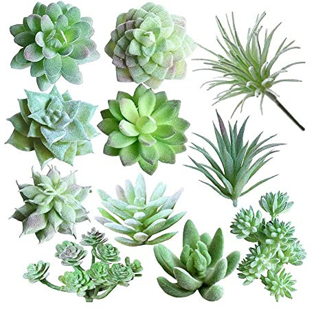 Yelschwa Lot de 11 plantes succulentes artificielles floquées en plastique - Mini plantes grasses artificielles à faire soi-même - Décoration d'intérieur et de jardin féérique (vert)