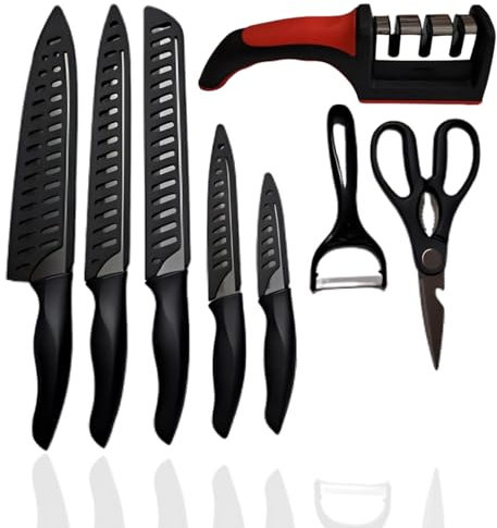 Cuchillo Cocina Profesional de Acero Inoxidable y Hoja de Titanio Negro. Juego de Cuchillos de Cocina 8 Piezas: 5 Set Cuchillos Cocina con Fundas + Afilador Cuchillos + Tijeras + Pelador Verduras.