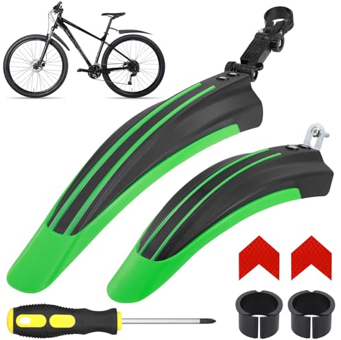 Hejo Fahrrad Schutzblech Set, Universal Schutzbleche Mountainbike mit 2 Roten Reflektoren Aufkleber Sticker, Einstellbar Vorne Hinten Mudguard Schutz für 24-29 Zoll MTB Rennrad (Schwarz & Grün)