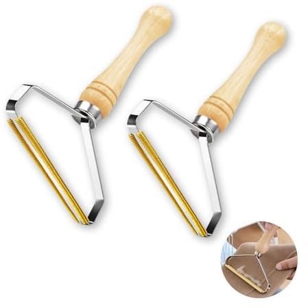 Aurum and Adorn Pet Hair Remover Lint Remover - Carpet Scraper - Wooden Handle Dog Cat Fuzz Lint Roller on Blankets Beds Clothes Carpet - Fabric Shaver Rake Tool - 2 Pack