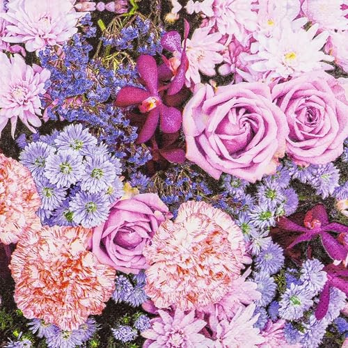 Lot de 20 petites serviettes de cocktail - Motif fleurs roses et lilas - Idéales pour décoration de table - Conviennent également pour le découpage et la technique des serviettes - 25 x 25 cm