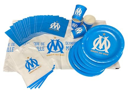 OLYMPIQUE DE MARSEILLE Pack 39 pièces Om : 1 Nappe 6 x Gobelet 6 x Assiette 20 x Serviette 6 x Sac à Bonbons - Collection Officielle