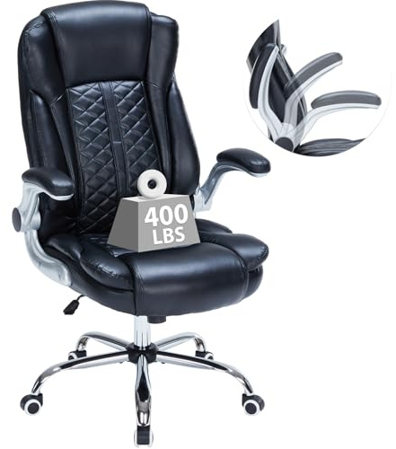 400lbs Executive Office Chair with Flip-Up Armrests, Big and Tall Computer Chair for Heavy People, Heavy Duty Ergonomic Comfy Chair, Breathable PU Leather (Black)
