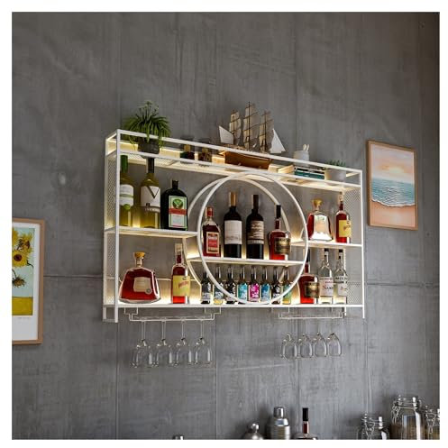 Modern Metal Wine Rack with LED Light Strips Wall Mounted Liquor Bottle Display Shelf Floating Mini Bar Cabinet with Wine Glass Rack White Alcohol Storage Shelf for Kitchen