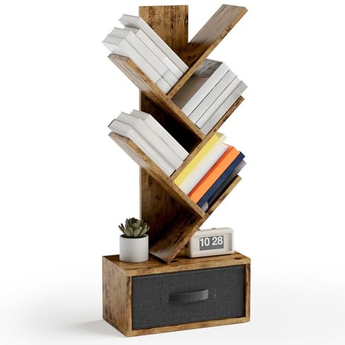 Xbro Libreria a forma di albero, libreria a forma di albero con cassetto in tessuto, a 5 livelli, in legno, per soggiorno, camera da letto, ufficio, 39 x 19,5 x 89,5 cm, marrone vintage