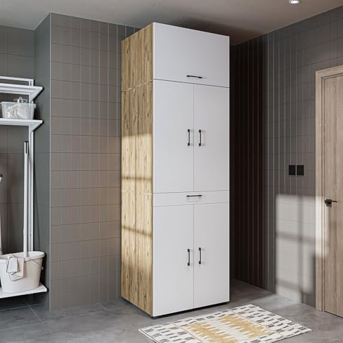 ROOMART Waschmaschinenschrank Dora für Trockner & Waschmaschine, in 4 Farben, mit Türen & Ausziehbrett (Weiß-Eiche -230cm hoch-)