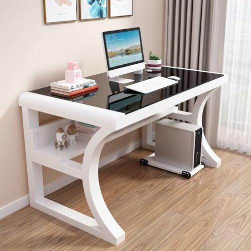 Modern Computer Desk with Storage Shelves Gaming Table with Glass Top & Metal Frame Stylish Writing Desk for Home Office Workstation (31 / 80cm B)