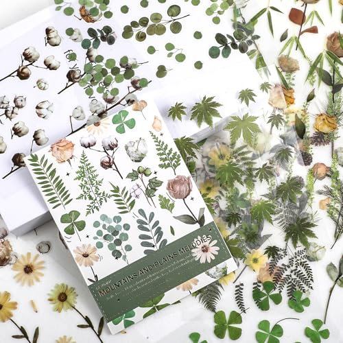 Mabor 400Pcs Plants Floral Stickers for Scrapbooking Scrapbook Stickers Kit Vintage Fern Flowers Green Transparent Waterproof Labels Book for Aesthetic Junk Journal Journaling Craft Supplies