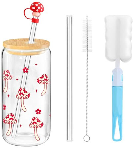 16 OZ Trinkglas mit Strohhalm und Deckel - Glass Tumbler 500ml -Glasbecher Rosa Pilz-Eiskaffeetasse, Trinkbecher für Iced Coffee Smoothie Matcha Cocktail für Schwester Freundin Geburtstag Jubiläum