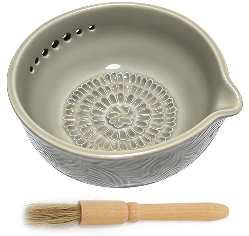 Odetina Handmade Garlic Grater, 2-in-1 Stoneware Kitchen Tool, Handmade Multifunctional Bowl with 5 Hole Sizes for Garlic Ginger Herbs Lemon Cheese, Effortless Food Prep (Grey)